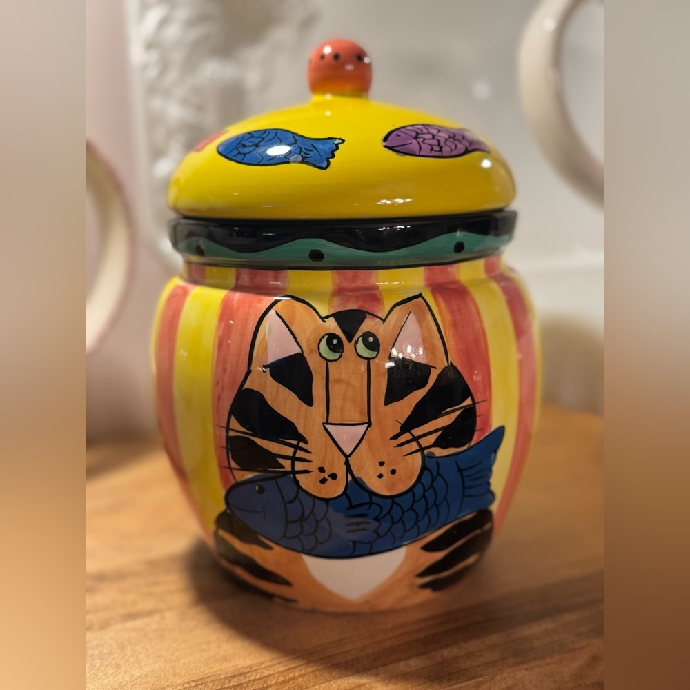 Catzilla Colorful Cat and Fish Ceramic canister/treat Jar